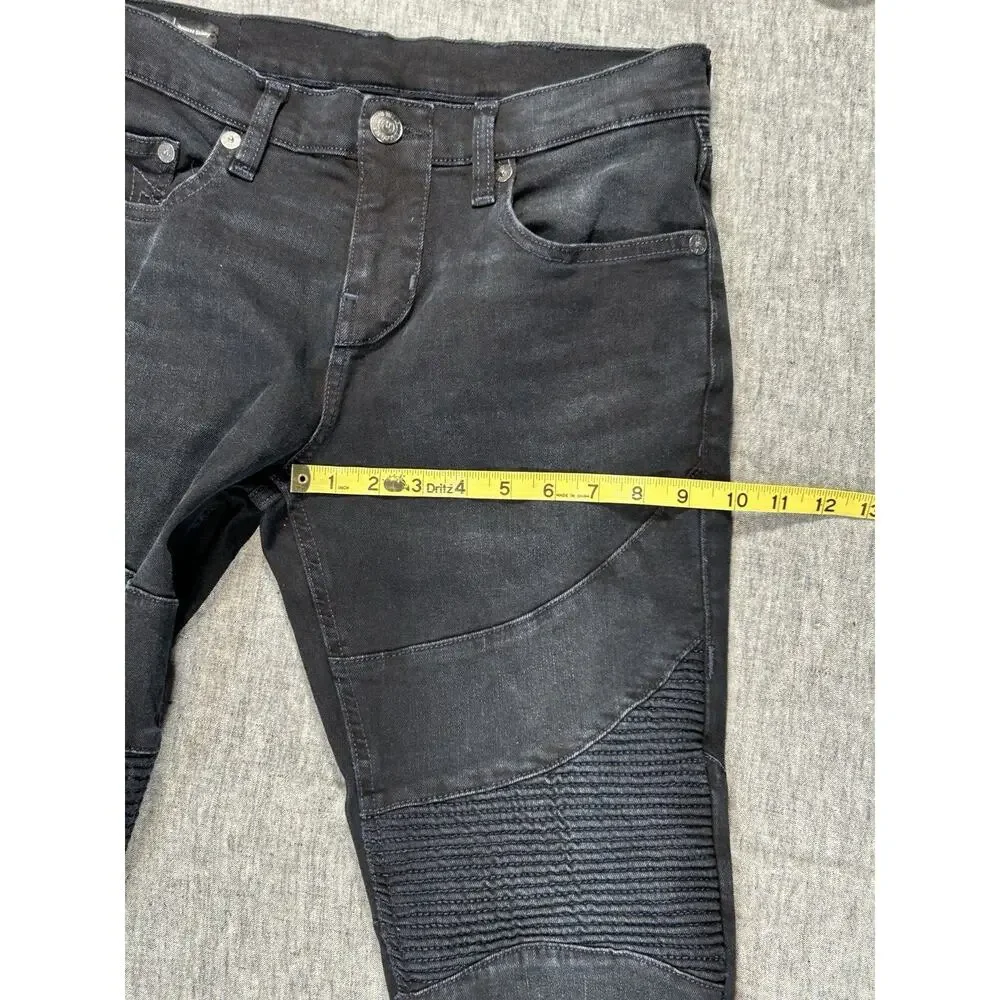 True Religion Rocco Moto Jeans Mens 28x34 Black Faded Relaxed Skinny Stretch